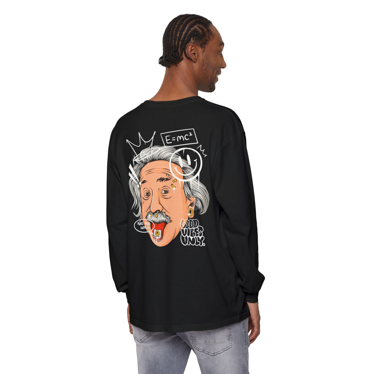 Einstein Cartoon Long Sleeve Tee - 'Good Vibes Only' Graphic