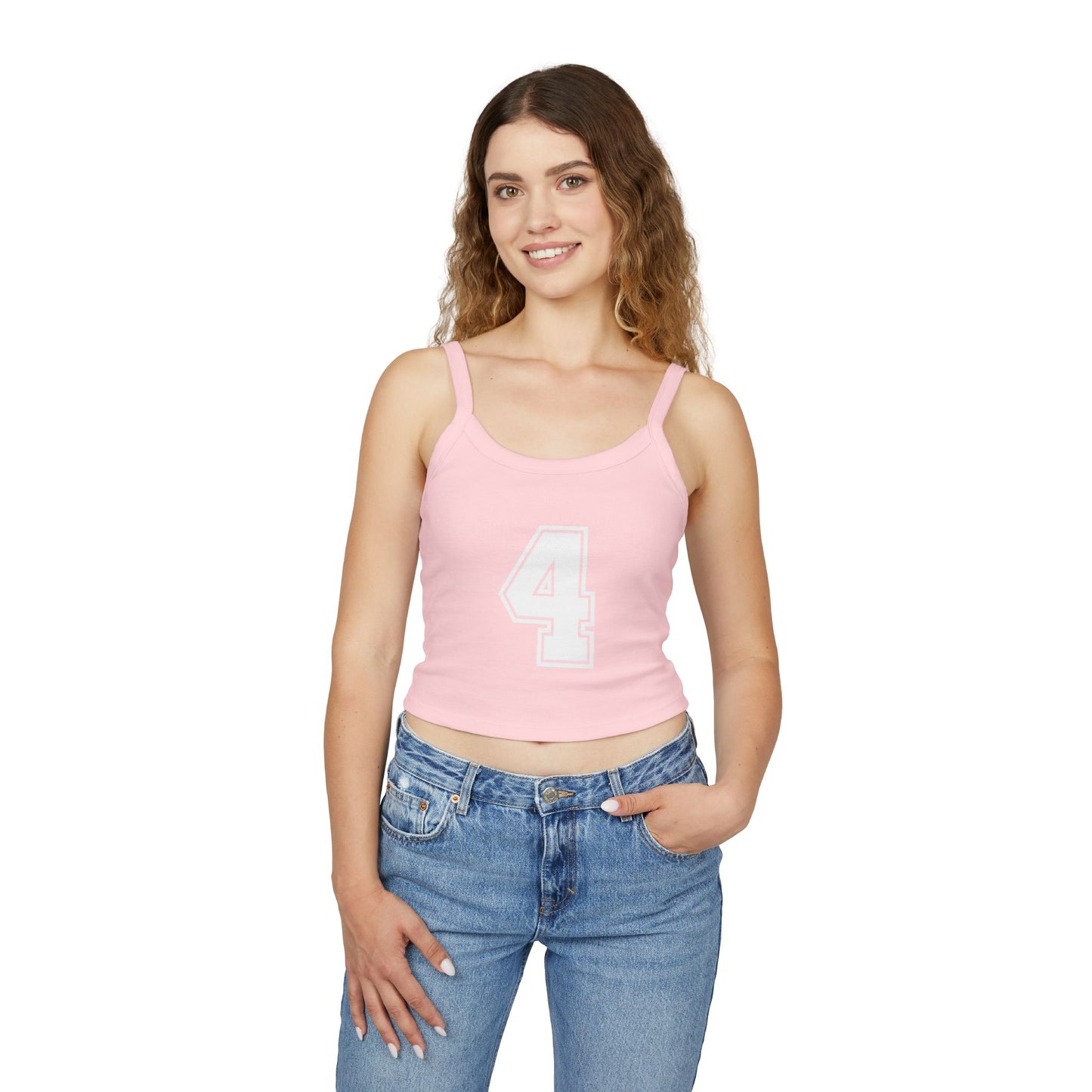 Women’s Spaghetti Strap Tank Top — Minimal Number 4 Crop Tee