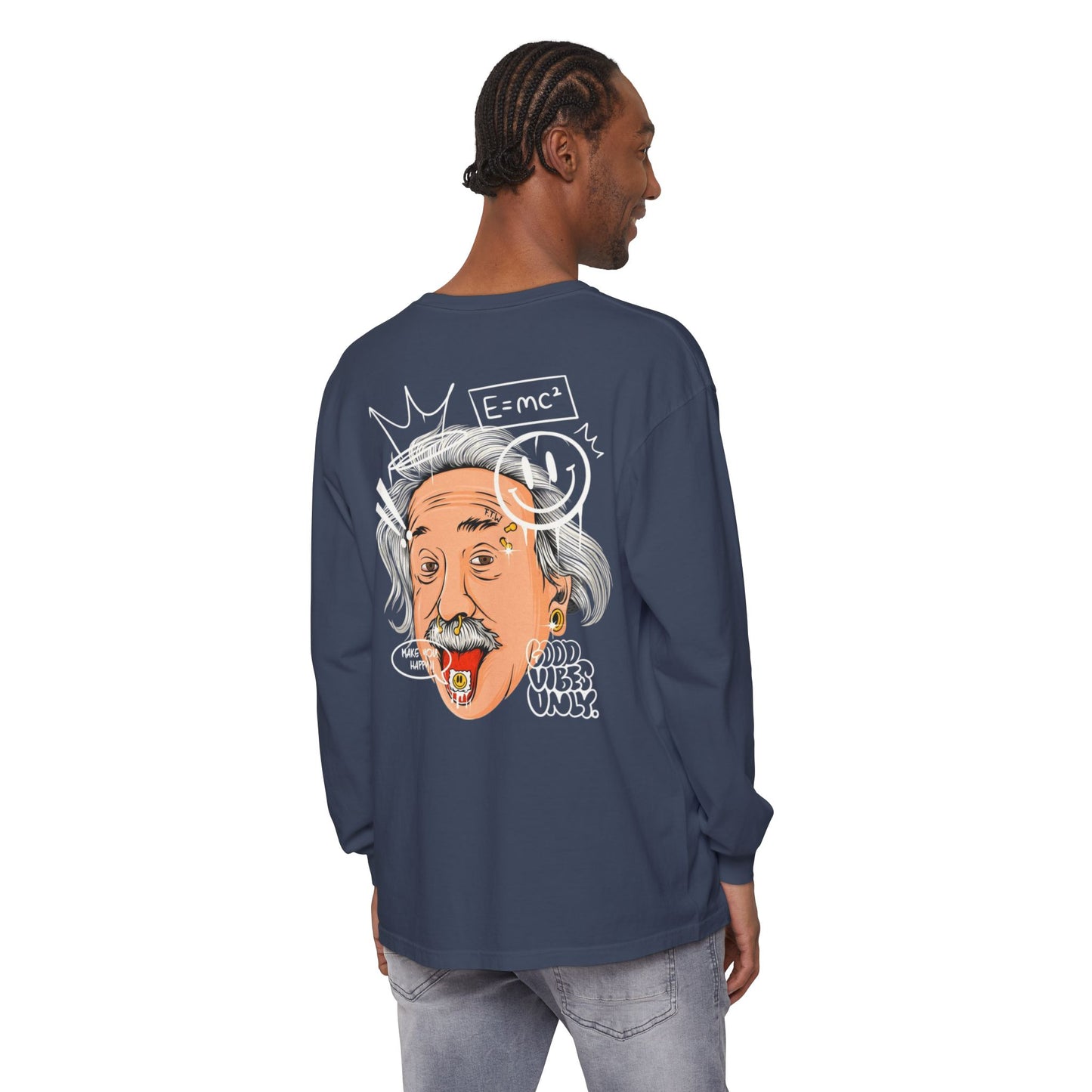 Einstein Cartoon Long Sleeve Tee - 'Good Vibes Only' Graphic