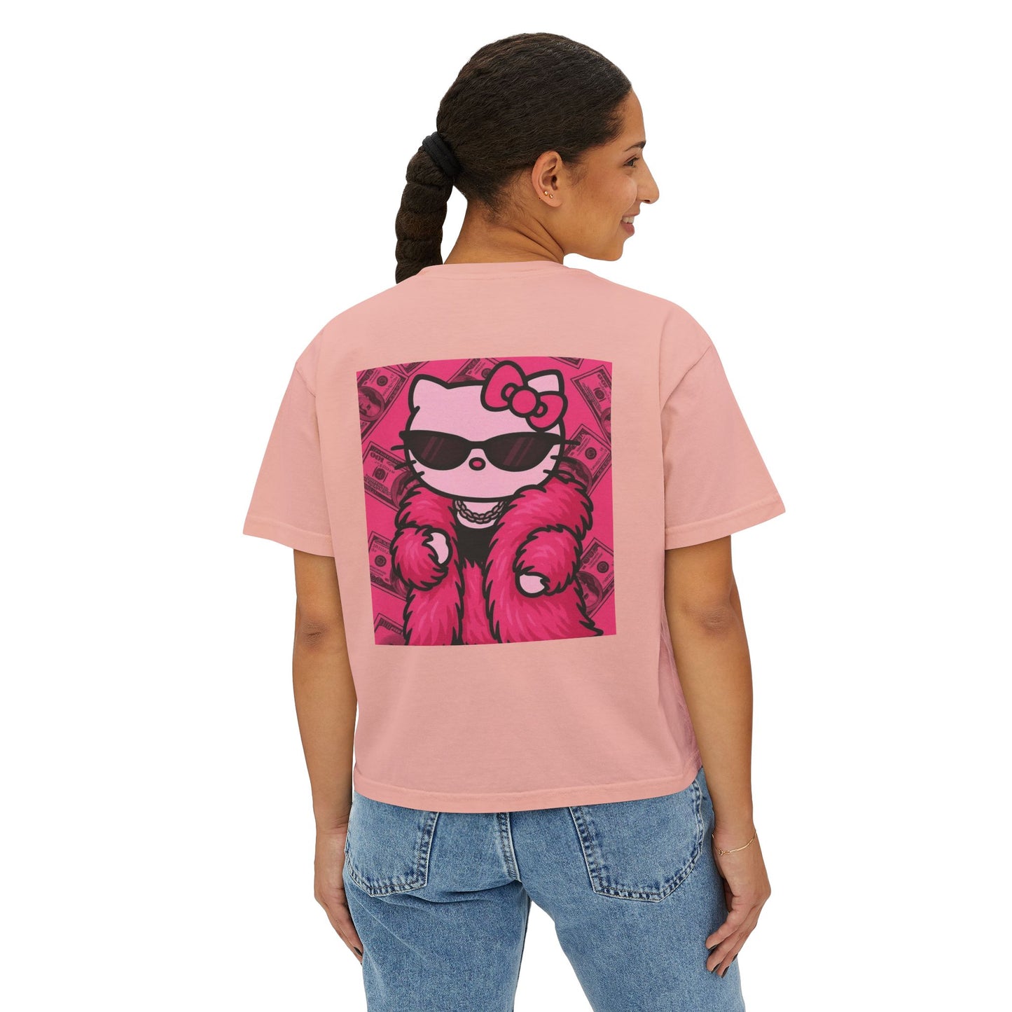 Hello Kitty Luxe Boxy Tee — Cute Pink Fur & Sunglasses Graphic For Women