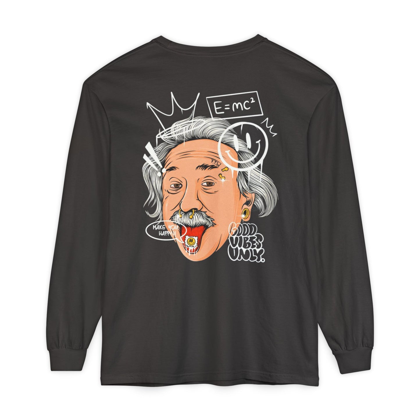 Einstein Cartoon Long Sleeve Tee - 'Good Vibes Only' Graphic