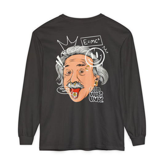 Einstein Cartoon Long Sleeve Tee - 'Good Vibes Only' Graphic
