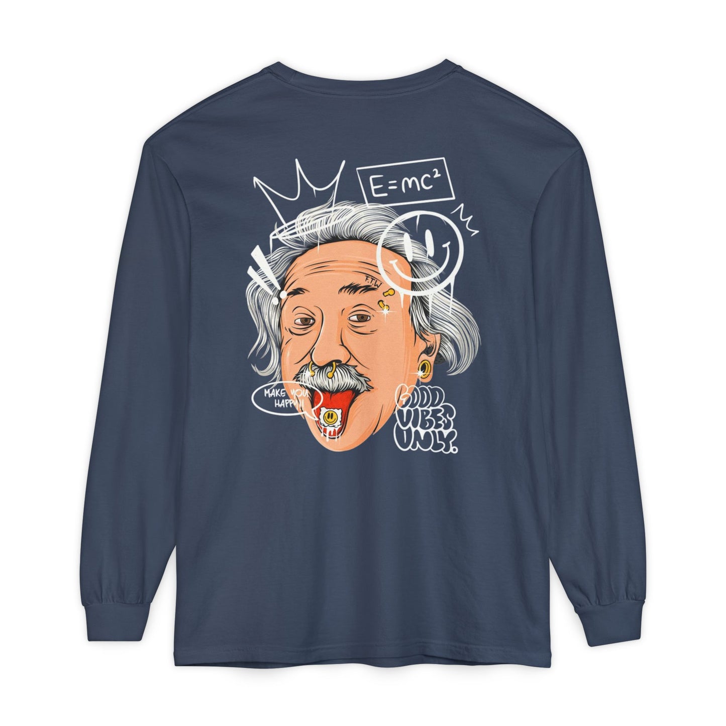 Einstein Cartoon Long Sleeve Tee - 'Good Vibes Only' Graphic