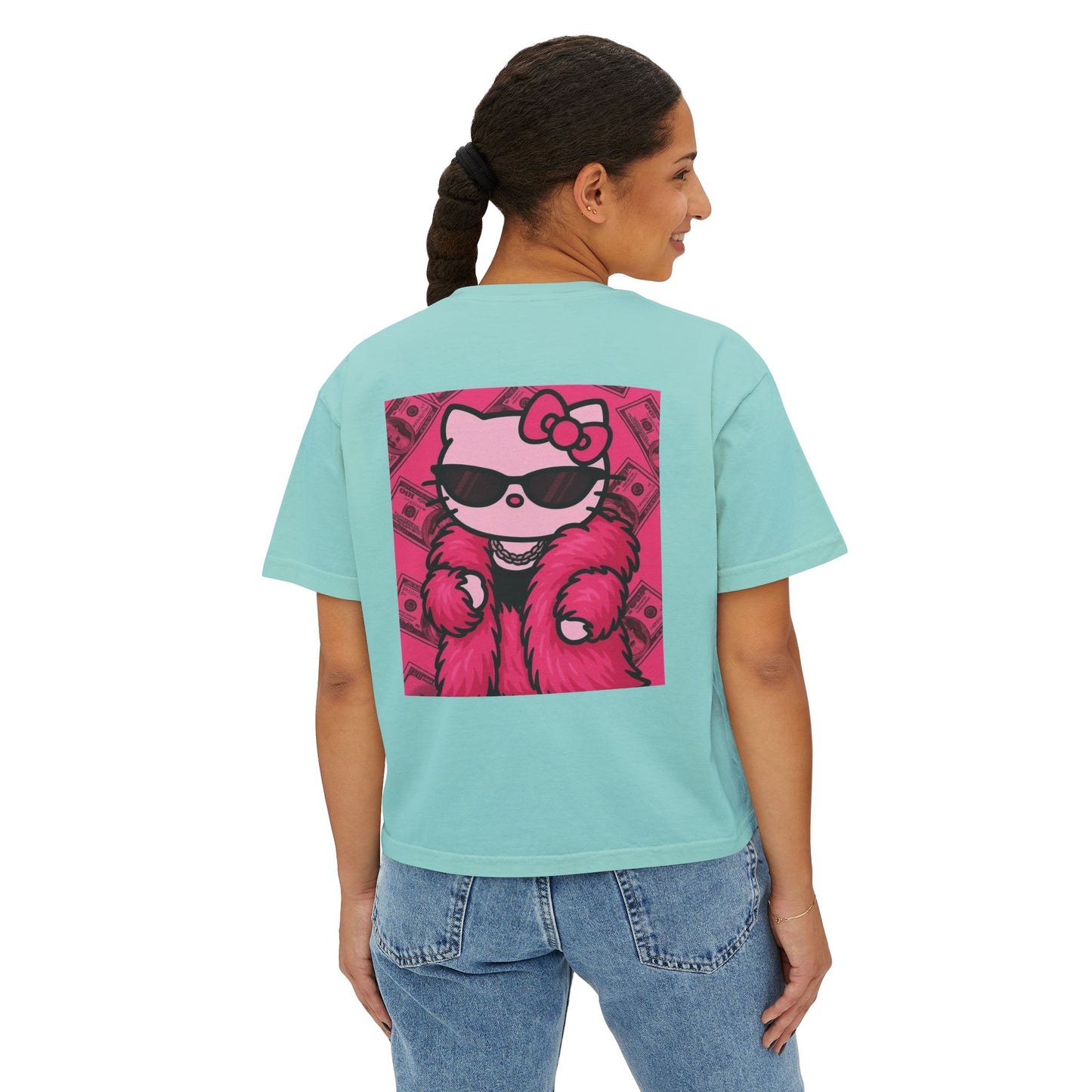 Hello Kitty Luxe Boxy Tee — Cute Pink Fur & Sunglasses Graphic For Women