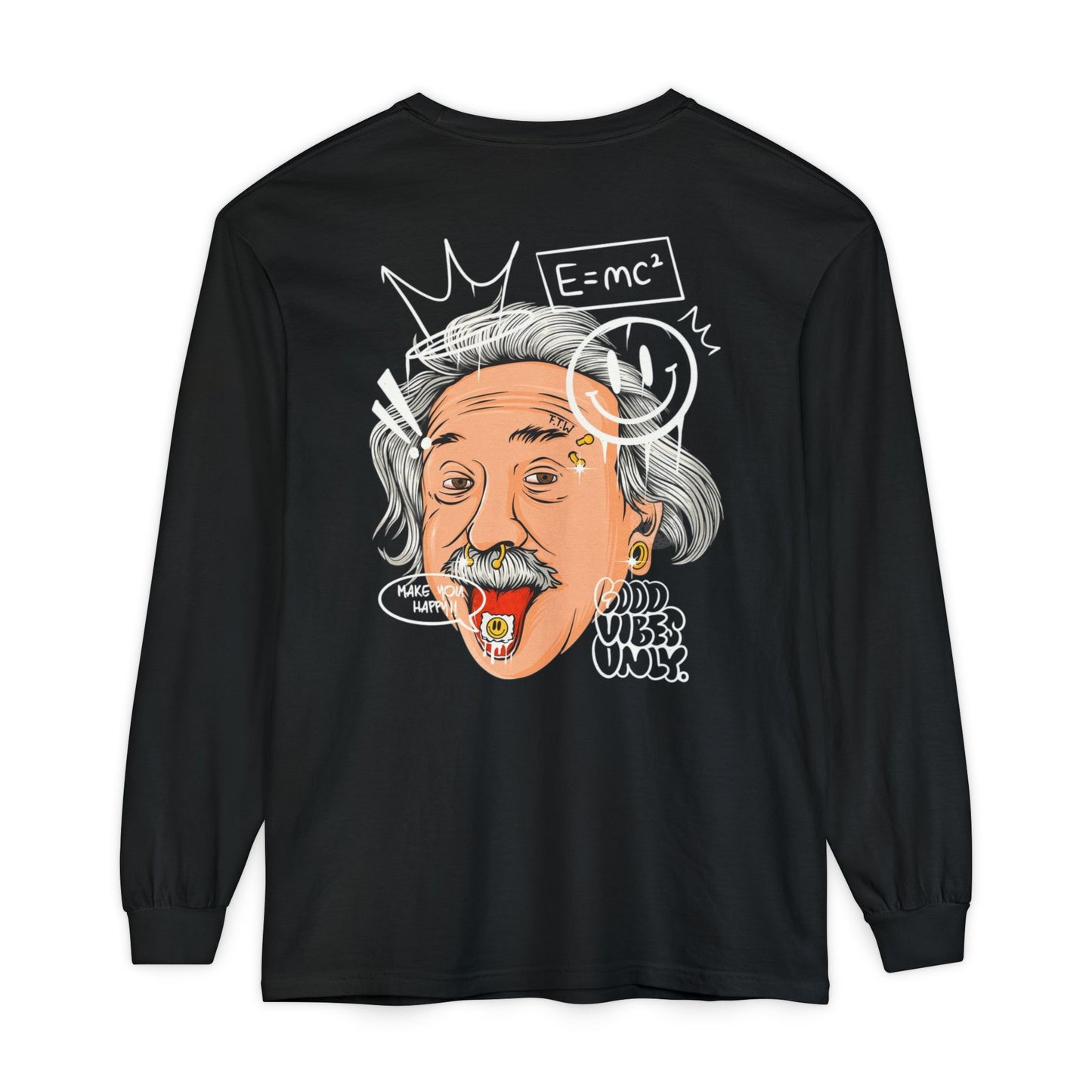 Einstein Cartoon Long Sleeve Tee - 'Good Vibes Only' Graphic