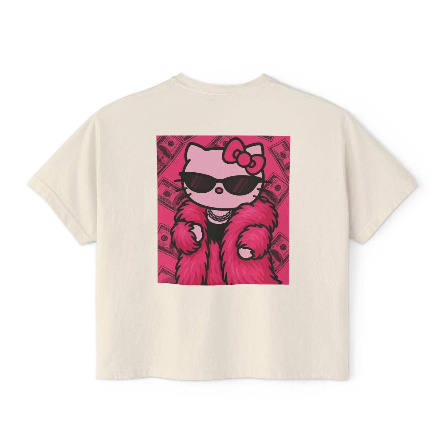Hello Kitty Luxe Boxy Tee — Cute Pink Fur & Sunglasses Graphic For Women