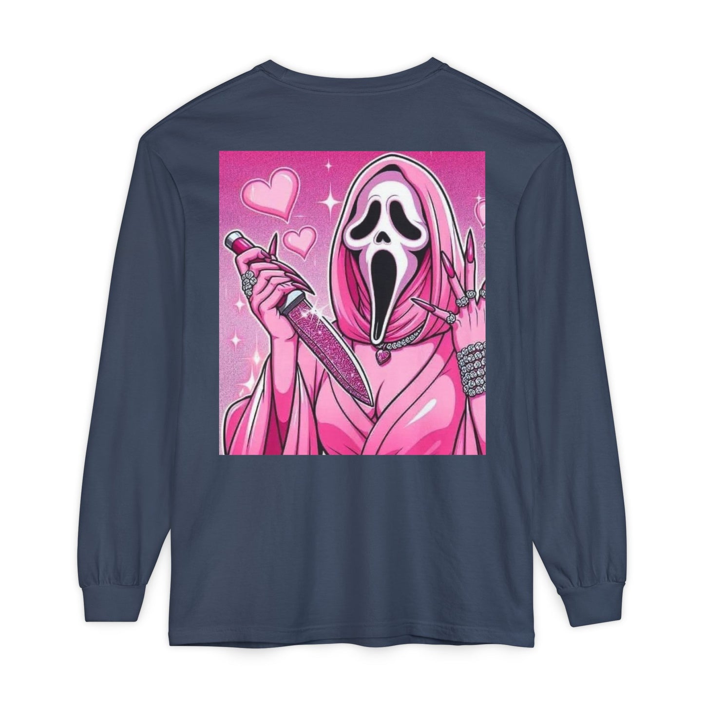 Long Sleeve T-Shirt — Pink Scream Mask Back Graphic For Women