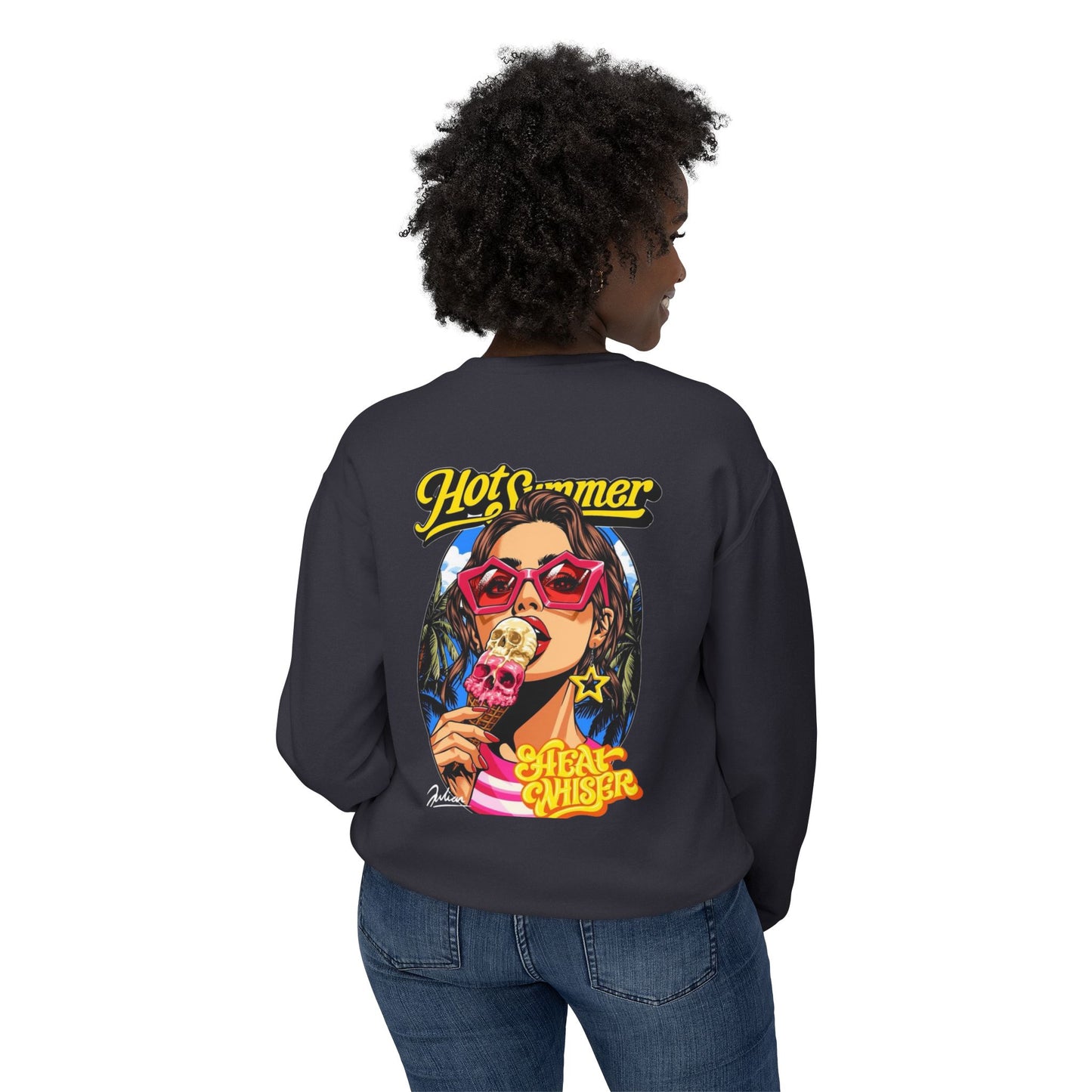 Crewneck Sweatshirt — 'Hot Summer' Retro Girl Ice Cream Graphic For Women