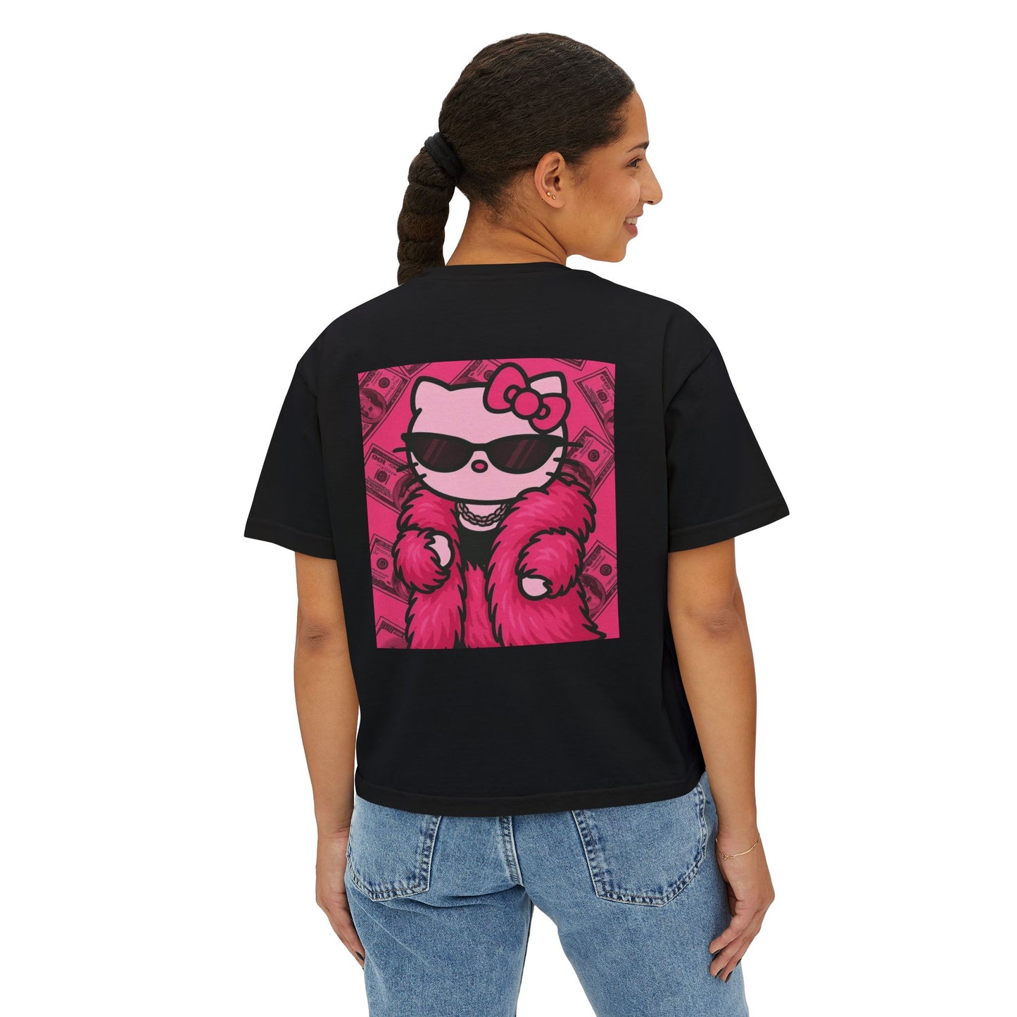 Hello Kitty Luxe Boxy Tee — Cute Pink Fur & Sunglasses Graphic For Women