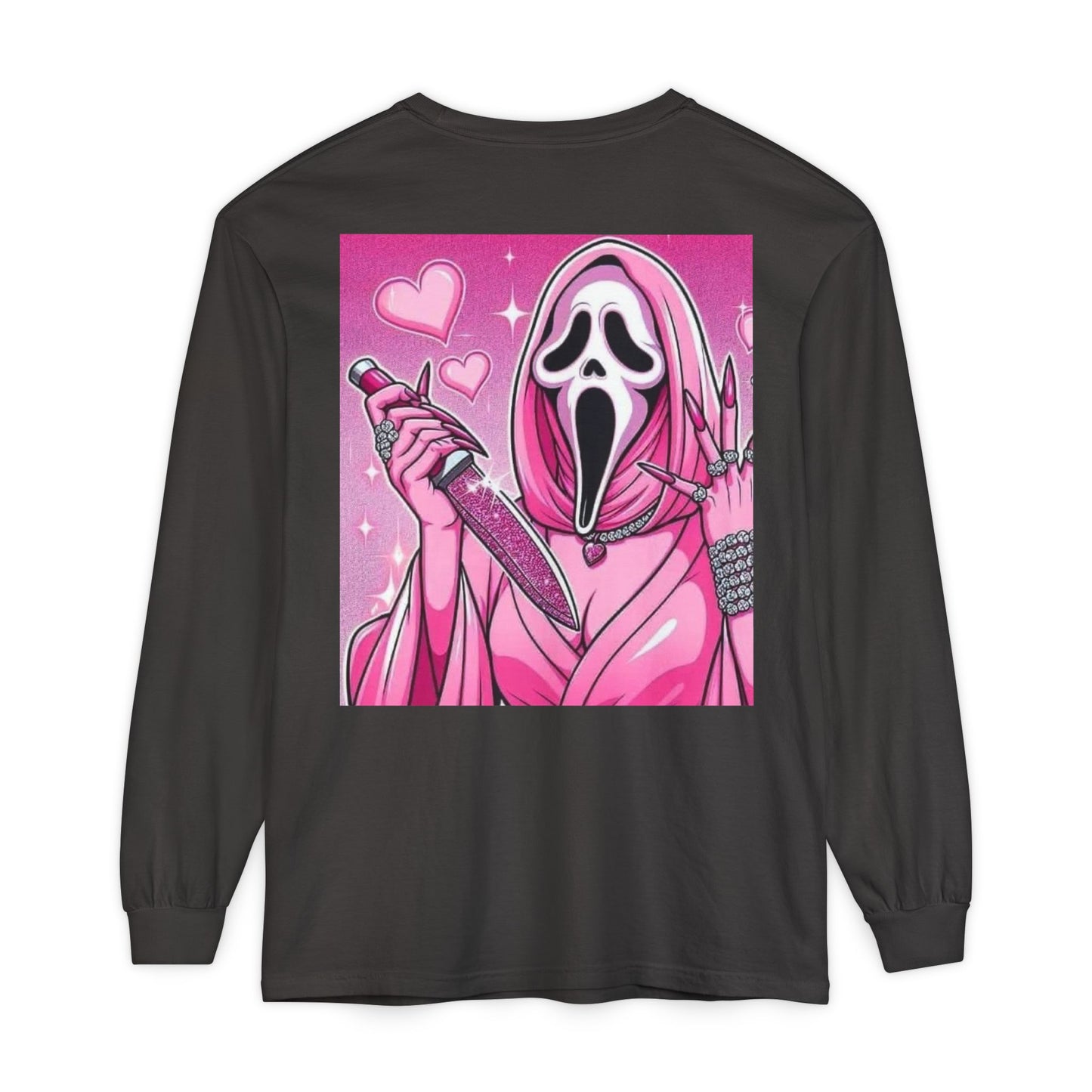 Long Sleeve T-Shirt — Pink Scream Mask Back Graphic For Women