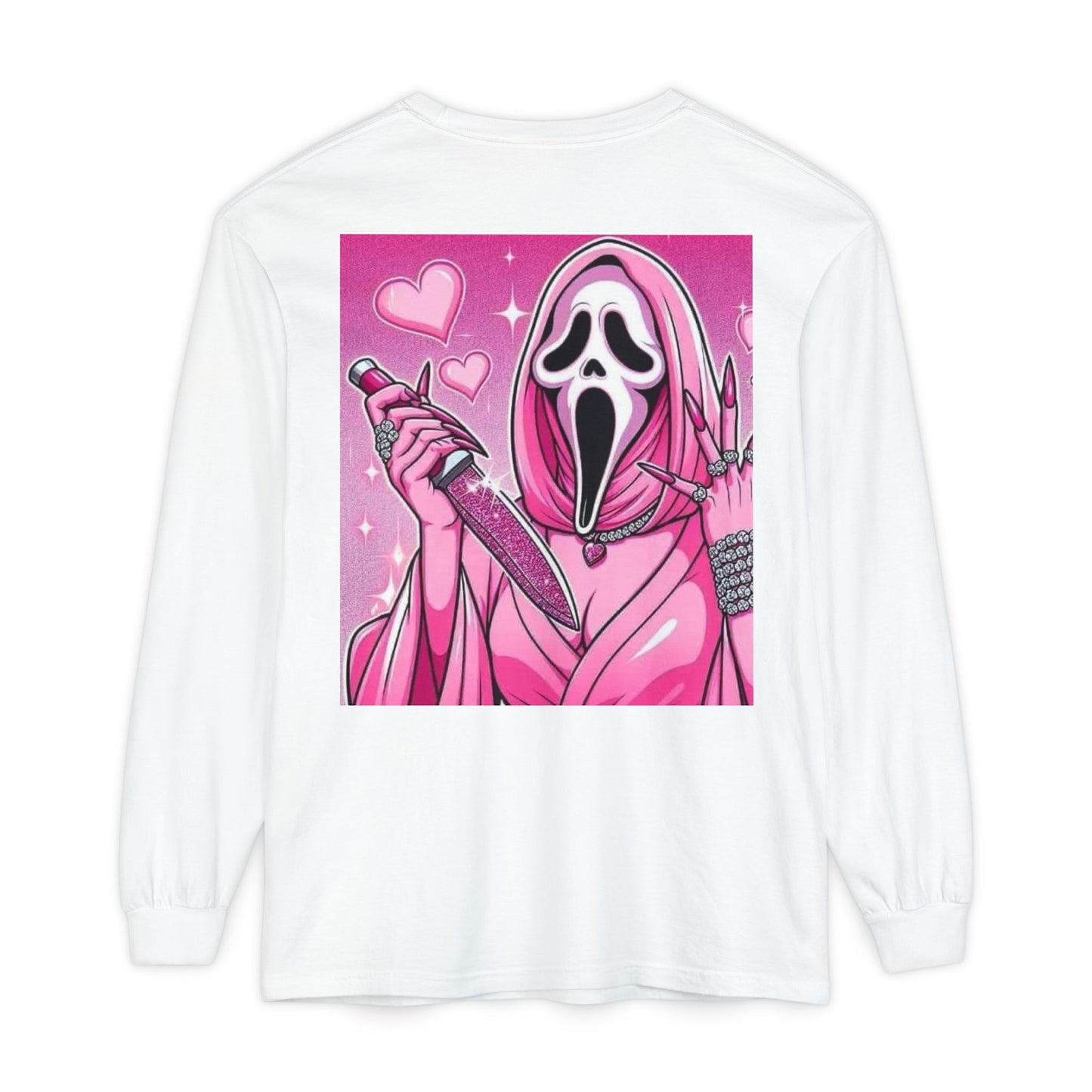 Long Sleeve T-Shirt — Pink Scream Mask Back Graphic For Women
