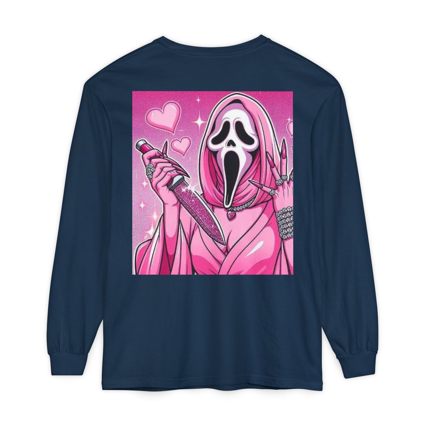 Long Sleeve T-Shirt — Pink Scream Mask Back Graphic For Women