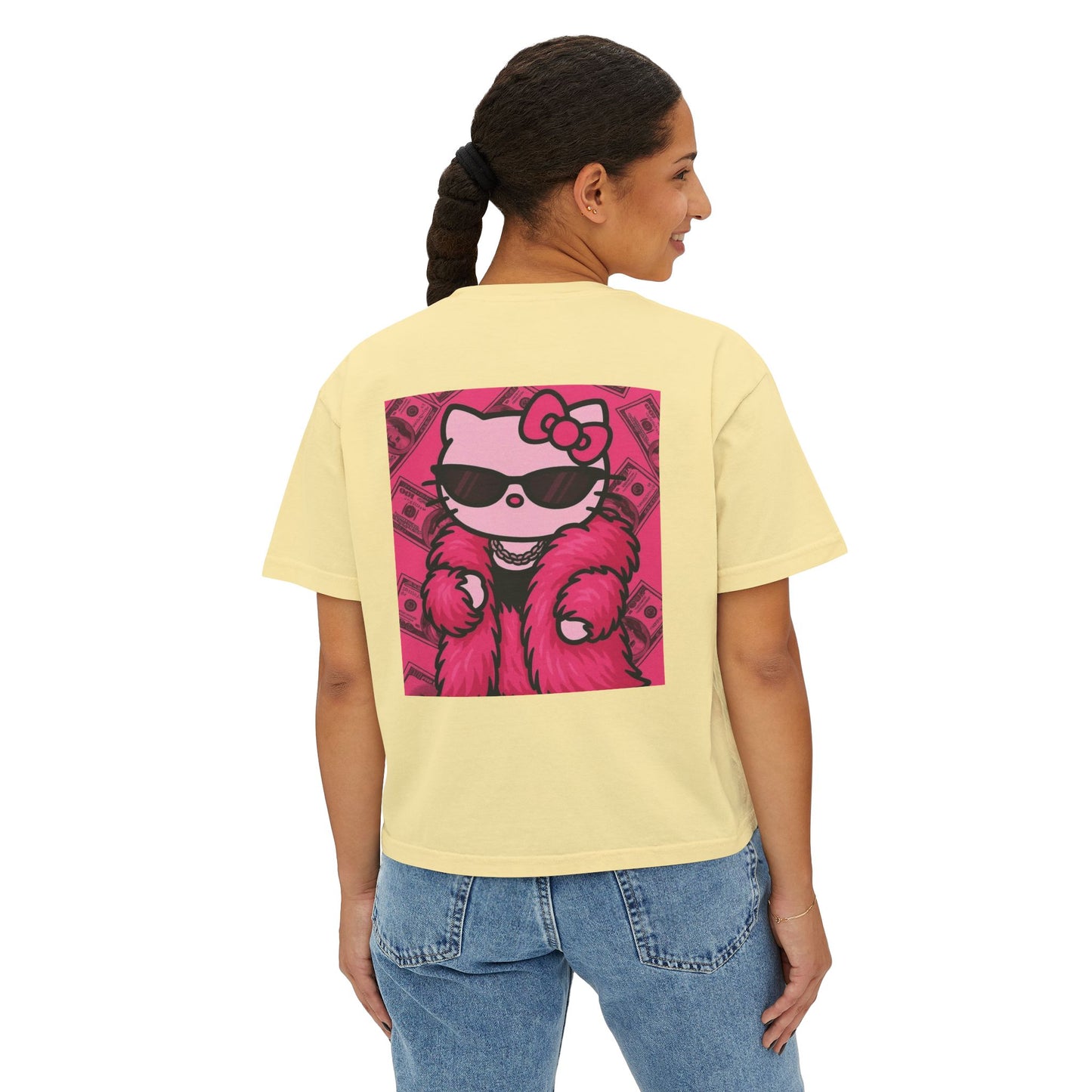 Hello Kitty Luxe Boxy Tee — Cute Pink Fur & Sunglasses Graphic For Women