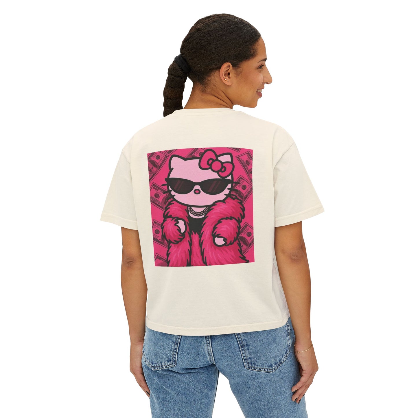 Hello Kitty Luxe Boxy Tee — Cute Pink Fur & Sunglasses Graphic For Women