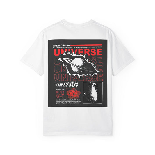 Vintage Universe Graphic T-Shirt – Retro Saturn Space Infographic Streetwear – Oversized Urban Aesthetic Tee –