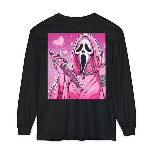Long Sleeve T-Shirt — Pink Scream Mask Back Graphic For Women