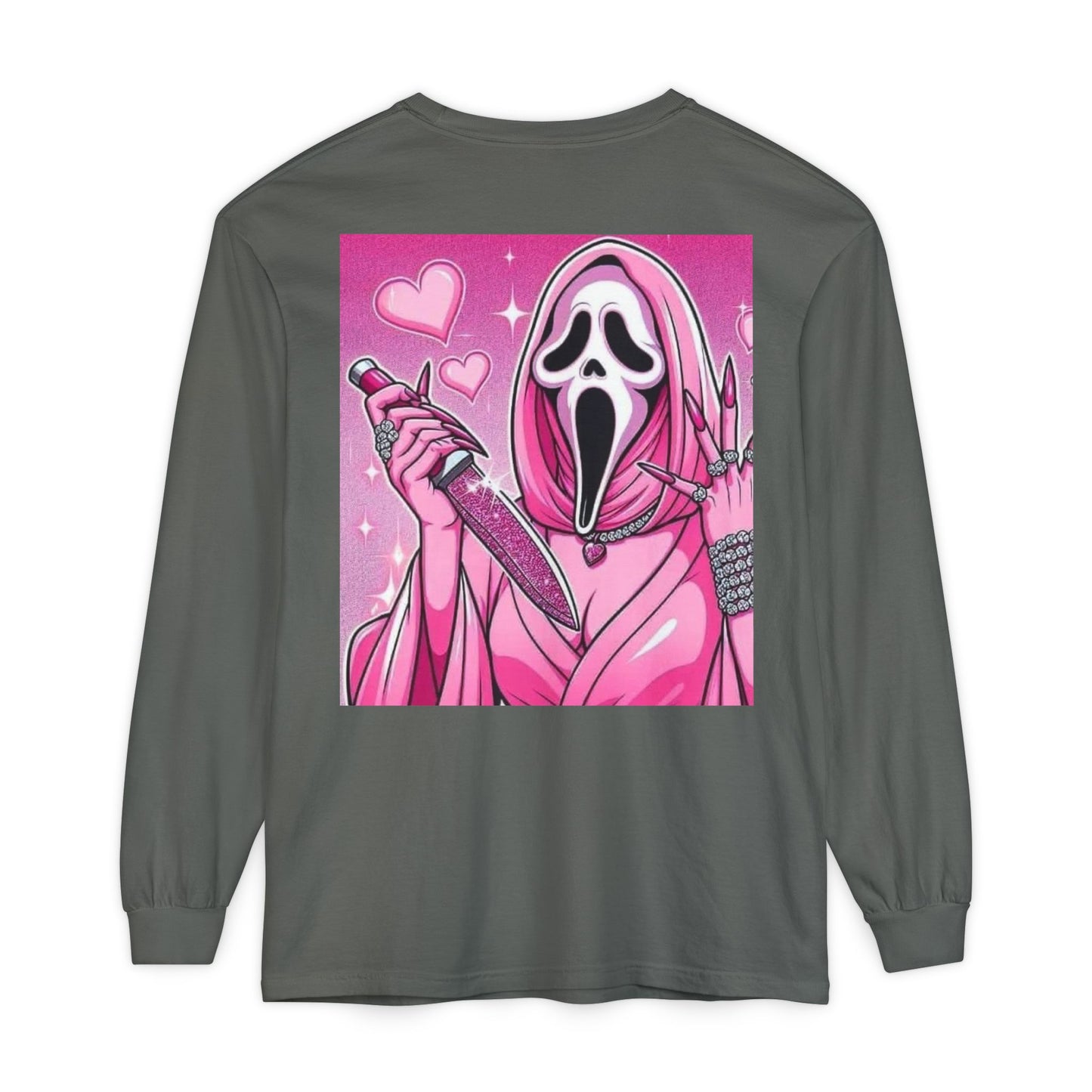 Long Sleeve T-Shirt — Pink Scream Mask Back Graphic For Women