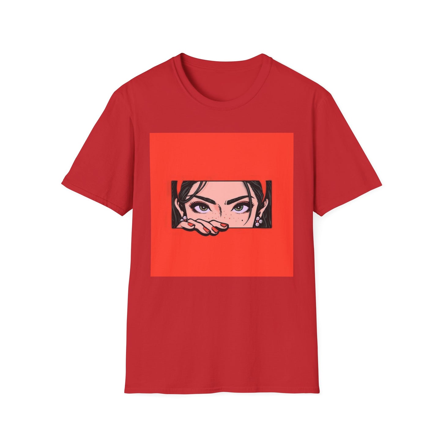 Pop Art Peekaboo T-Shirt — Bold Red Graphic Tee with Peeking Woman Illustration