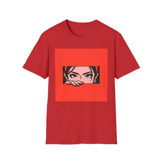 Pop Art Peekaboo T-Shirt — Bold Red Graphic Tee with Peeking Woman Illustration