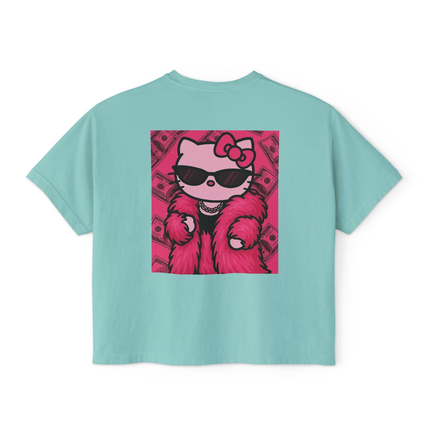 Hello Kitty Luxe Boxy Tee — Cute Pink Fur & Sunglasses Graphic For Women
