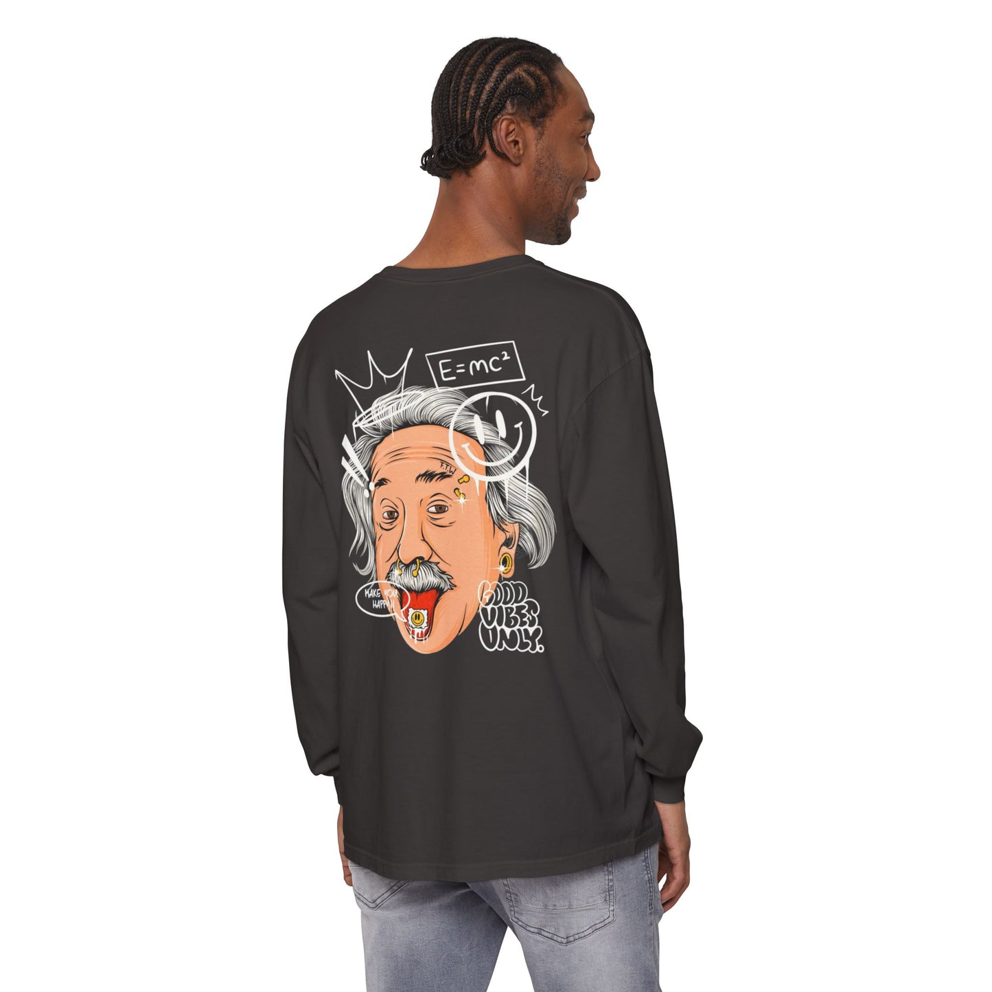 Einstein Cartoon Long Sleeve Tee - 'Good Vibes Only' Graphic