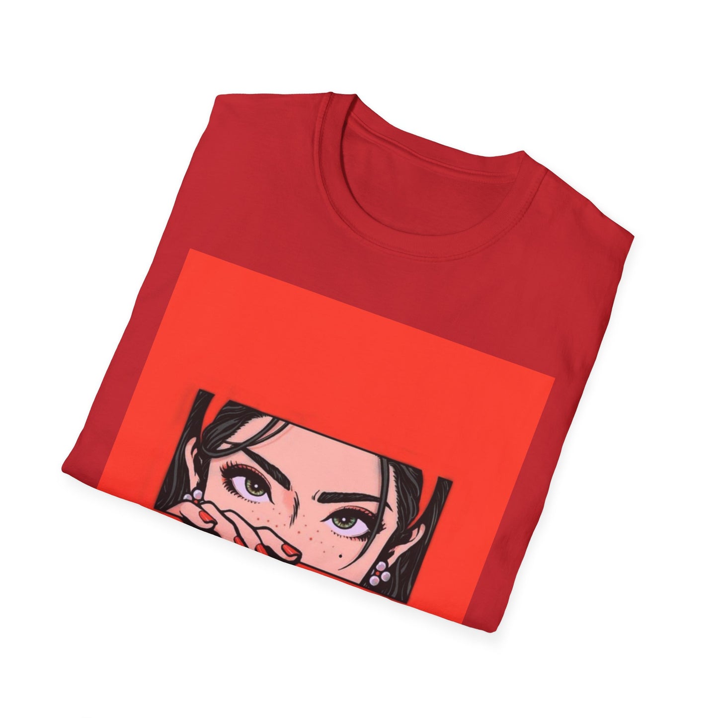 Pop Art Peekaboo T-Shirt — Bold Red Graphic Tee with Peeking Woman Illustration