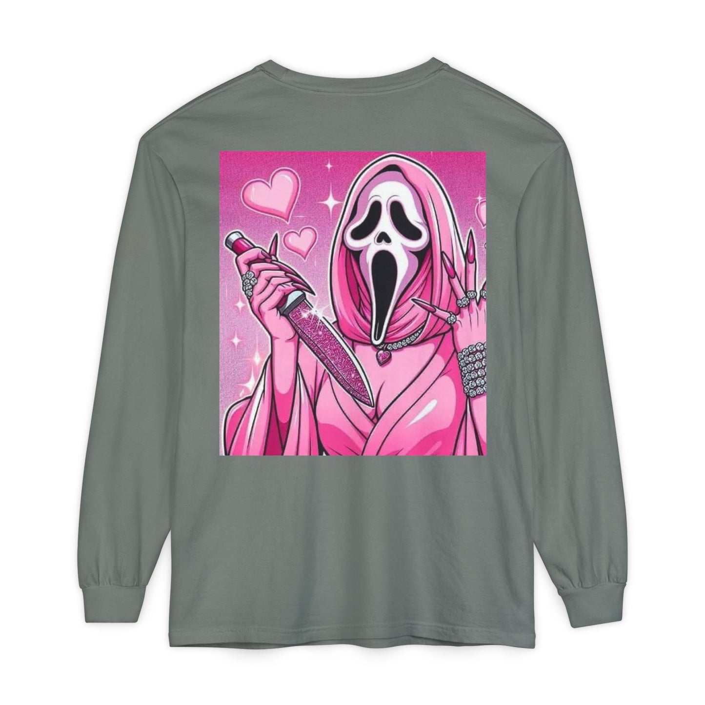 Long Sleeve T-Shirt — Pink Scream Mask Back Graphic For Women
